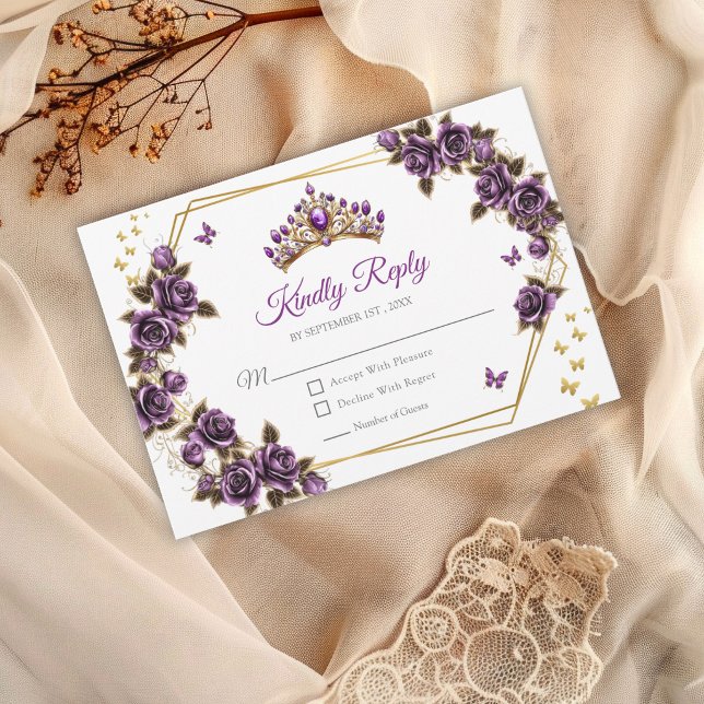 Cartão RSVP Purple Golden Roses Tiara Butterflies Quinceañera (Criador carregado)