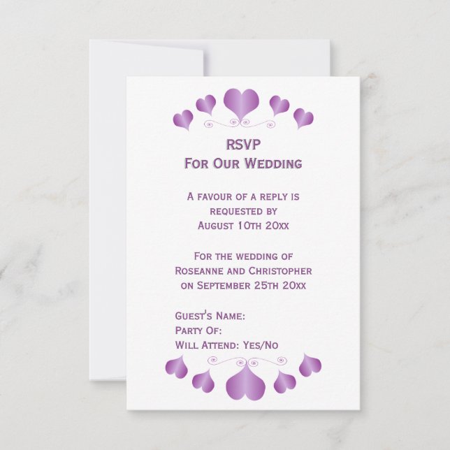 Cartão RSVP Purple Hearts Design Wedding (Frente)