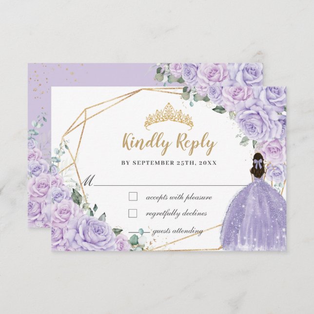 Cartão RSVP Purple Lilac Floral Princess Quinceanera 16 Reply (Frente/Verso)