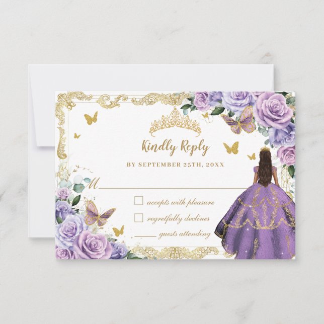 Cartão RSVP Purple Lilac Floral Quinceañera Princesa Dourada (Frente)