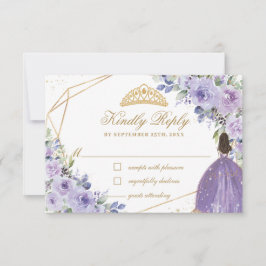 Cartão RSVP Purple Lilac Floral Quinceañera Princess Crown