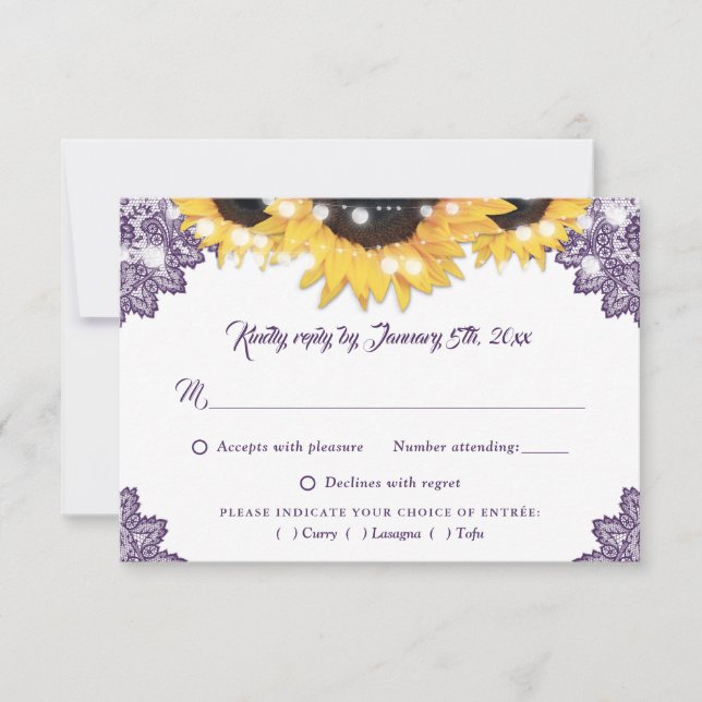 Cartão RSVP Purple Sunflower Lace Wedding Meal Choice (Frente)