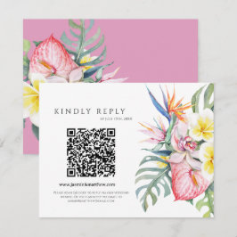 Cartão RSVP Purple Tropical Floral Hawaii QR Code Wedding
