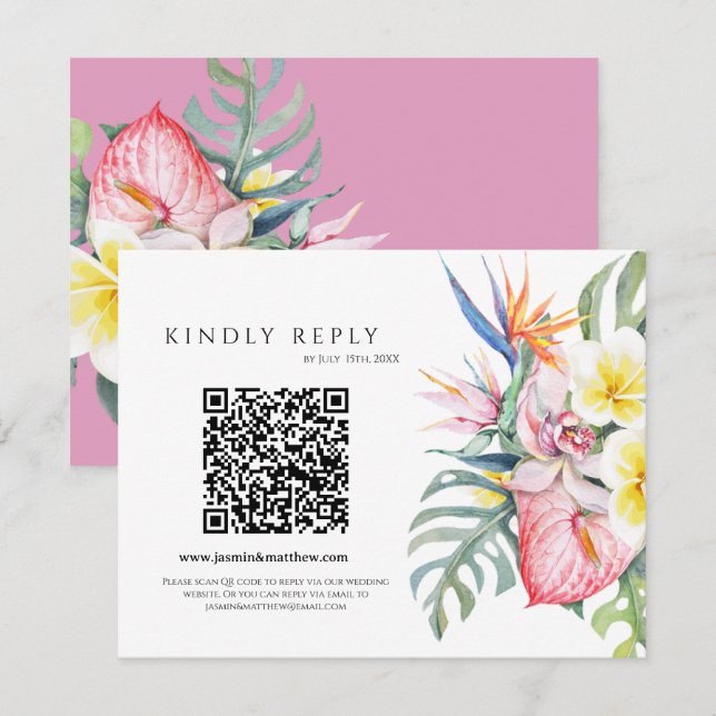 Cartão RSVP Purple Tropical Floral Hawaii QR Code Wedding (Frente/Verso)