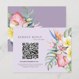 Cartão RSVP Purple Tropical Floral Hawaii QR Code Wedding