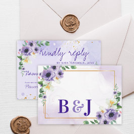 Cartão RSVP Purple White Floral Gold Frame Wedding Reply By