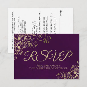 Cartão RSVP Púrpura de ameixa e Casamento Dourado de rendas El