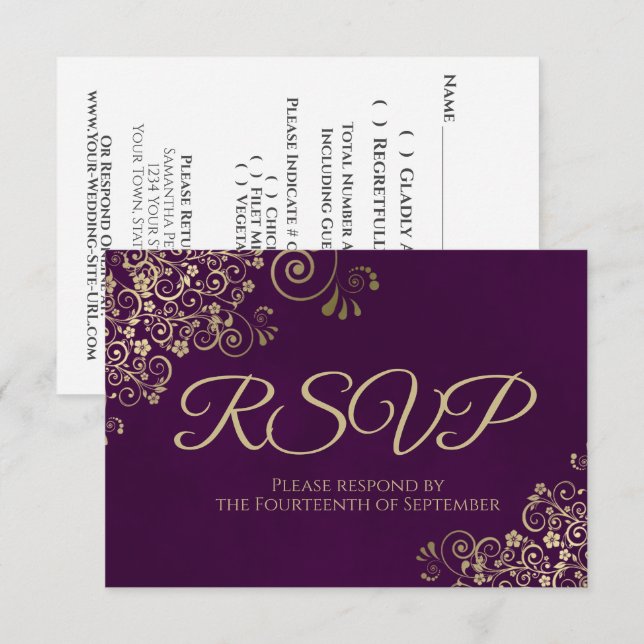 Cartão RSVP Púrpura de ameixa e Casamento Dourado de rendas El (Frente/Verso)