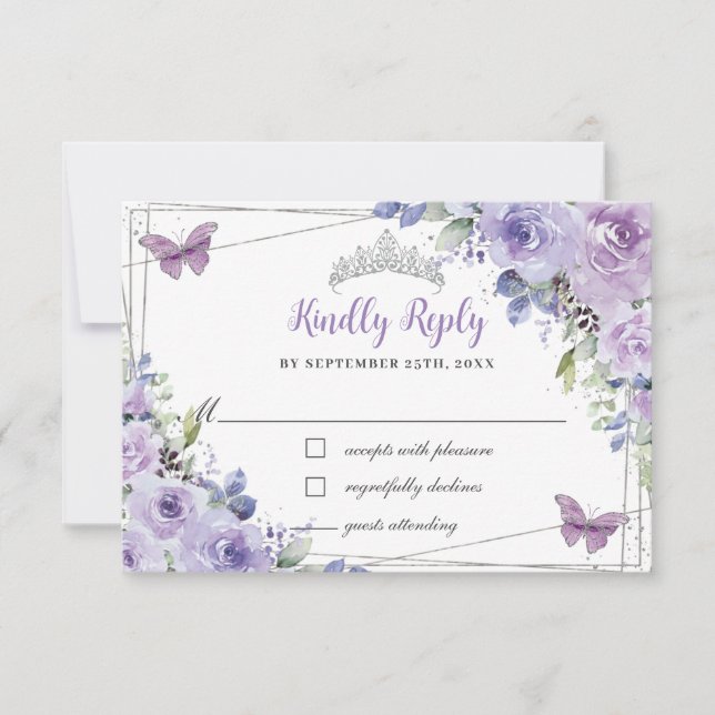 Cartão RSVP Púrpura Lilac Floral Quinceañera Silver Butterflie (Frente)