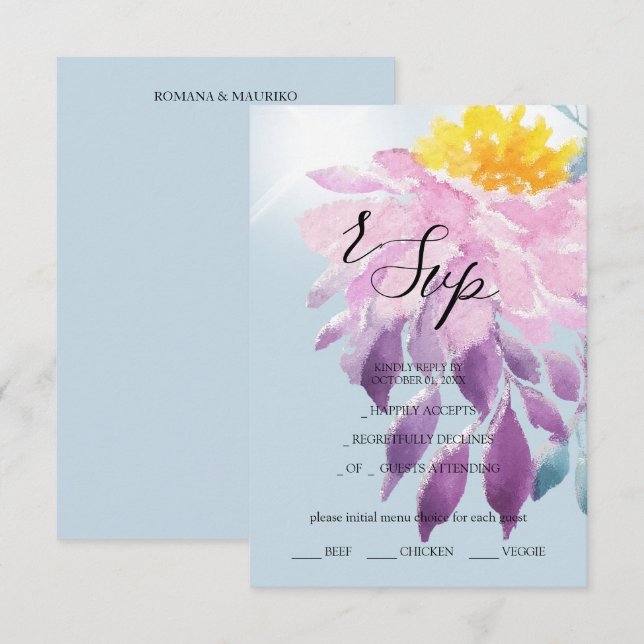 Cartão RSVP Púrpura, rosa, rosa, azul Dahlia Aquarela Arte (Frente/Verso)