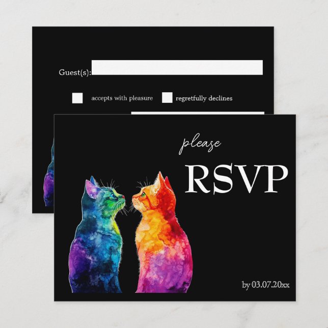 Cartão RSVP 🌈  Purrfectly Yours: A Rainbow Love  budget (Frente/Verso)