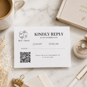 Cartão RSVP Qr Code Monograma Preto e Branco Replay Casamento