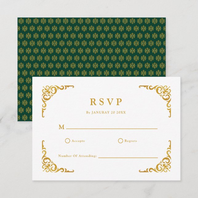 Cartão RSVP Quadro Barroco Real Emerald Verde Ornamental (Frente/Verso)