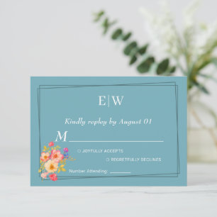 Cartão RSVP Quadro com Rosas, estilo de casamento em azul retr
