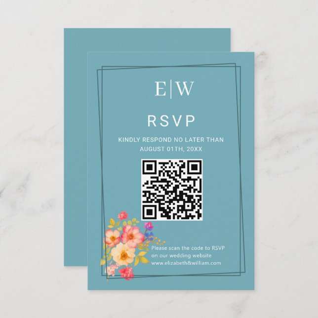 Cartão RSVP Quadro com Rosas, estilo de casamento em azul retr (Frente/Verso)