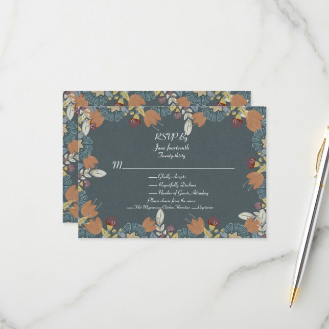 Cartão RSVP Quadro de Arte Folclórica em Banho Marrom Azul (Frente/Verso In Situ)