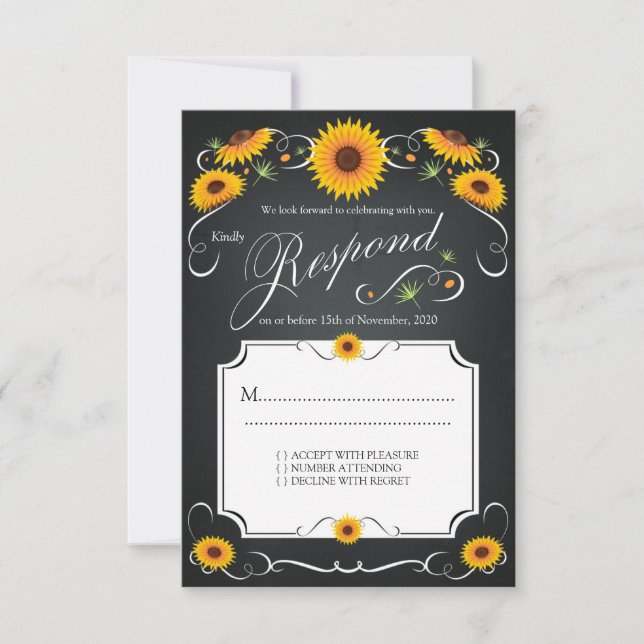 Cartão RSVP Quadro de giz floral de girassol para casamento vi (Frente)