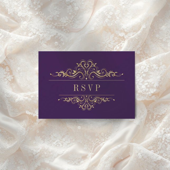 Cartão RSVP Quadro de Ouro Elegante Roxo (Criador carregado)