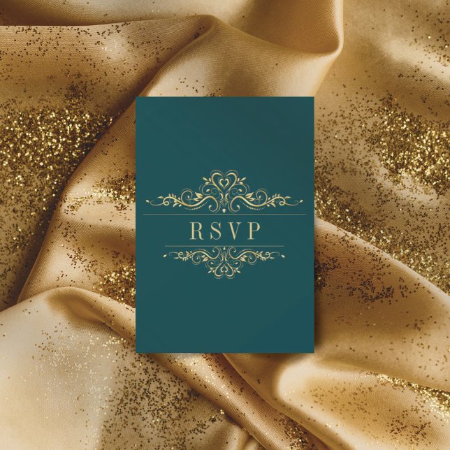 Cartão RSVP Quadro de Ouro Elegante verde Petrol (Criador carregado)