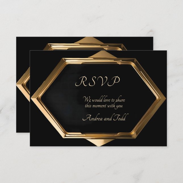 Cartão RSVP quadro Dourado contra casamento negro (Frente/Verso)