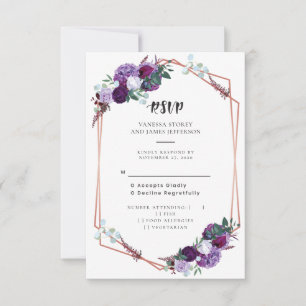 Cartão RSVP Quadro Dourado de Casamento Floral Purple