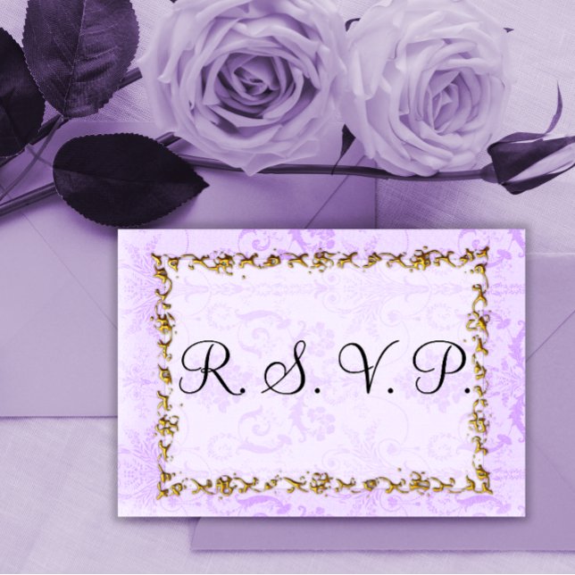 Cartão RSVP Quadro Dourado elegante e Damasco roxo (Criador carregado)