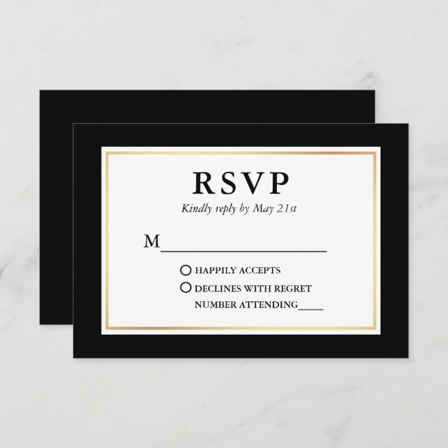 Cartão RSVP Quadro Dourado preto e elegante moderno (Frente/Verso)