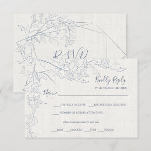 Cartão RSVP Quadro Floral Azul Elegante   Linen Wedding