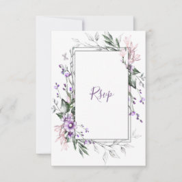 Cartão RSVP Quadro Floral em Aquarela Roxo e Blush |