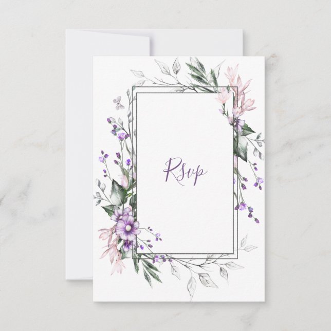 Cartão RSVP Quadro Floral em Aquarela Roxo e Blush | (Frente)