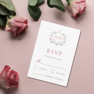 Cartão RSVP Quadro Floral Monogramas de Casamento Religioso Ca