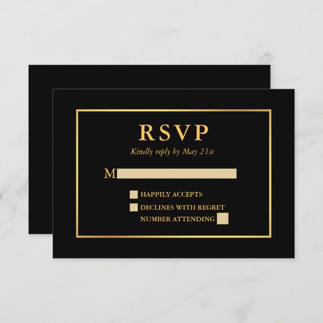 Cartão RSVP Quadro negro e Dourado moderno e elegante (Frente/Verso)