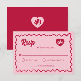 Cartão RSVP Quadro Retro Ondulado Casamento Coração Cupido Ver