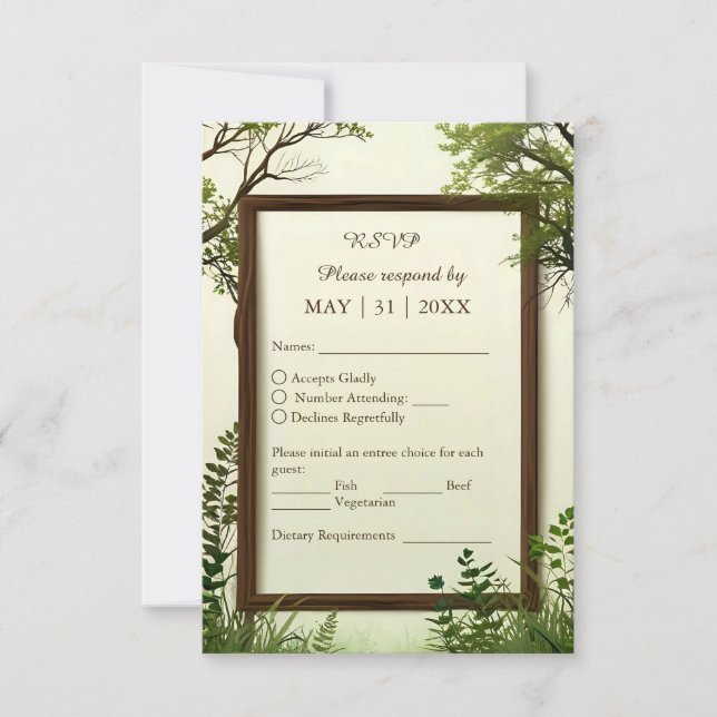 Cartão RSVP quadro rústico de árvore verde (Frente)