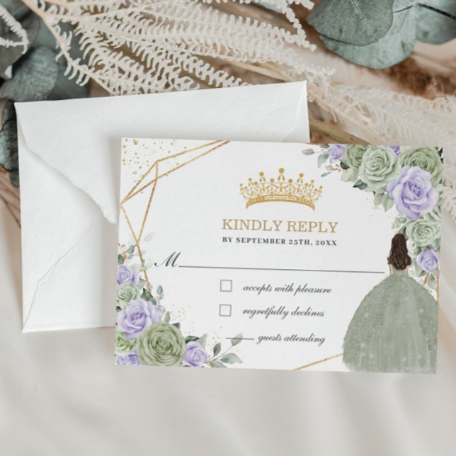 Cartão RSVP Quinceañera 16 Aniversário Lavanda Verde Floral (Criador carregado)