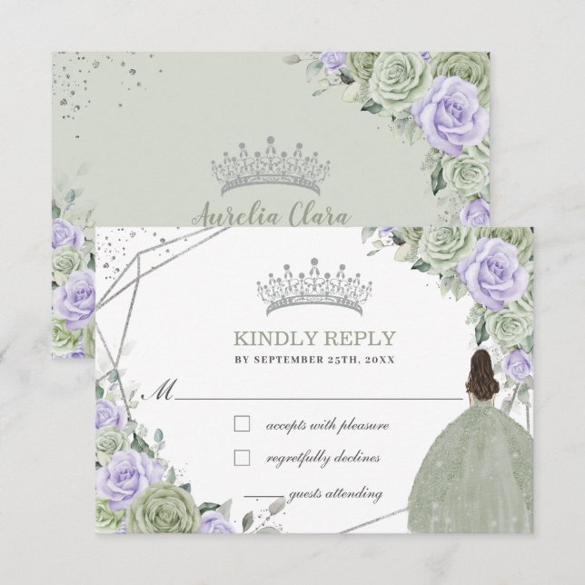 Cartão RSVP Quinceañera Birthday Sage Green Lavanda Floral (Frente/Verso)