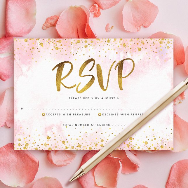Cartão RSVP Quinceañera Blush Pink Watercolor Gold Foil Girls (Criador carregado)