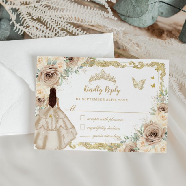 Cartão RSVP Quinceañera Champagne Creme Floral Princesa (Criador carregado)