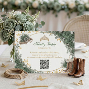 Cartão RSVP Quinceañera Country Dourado Verde Esmeralda Ociden