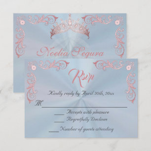 Cartão RSVP Quinceanera de Borda Vintage - Azul Pastel/Rosa Do