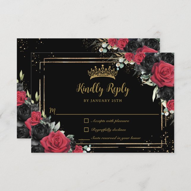 Cartão RSVP Quinceañera Dourada Floral de Rosas vermelhas Negr (Frente/Verso)