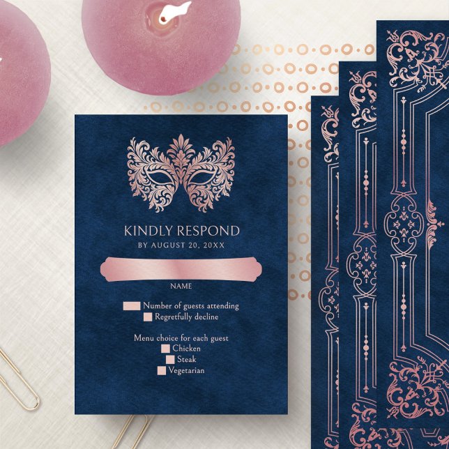 Cartão RSVP Quinceanera Elegante de Mascarada rosa (Criador carregado)