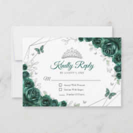 Cartão RSVP Quinceanera Emerald Green Silver Floral Reply