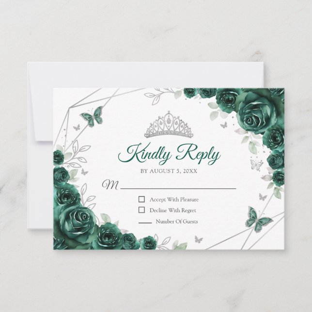 Cartão RSVP Quinceanera Emerald Green Silver Floral Reply (Frente)