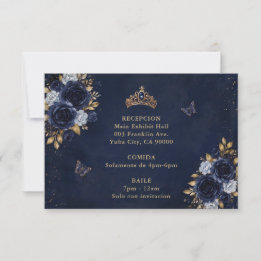 Cartão RSVP Quinceañera Floral Borboleta Dourada Marinho