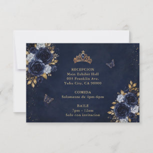 Cartão RSVP Quinceañera Floral Borboleta Dourada Marinho