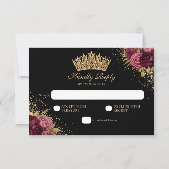 Cartão RSVP Quinceanera Floral Dourada Vermelha Burgundia Negr (Frente)