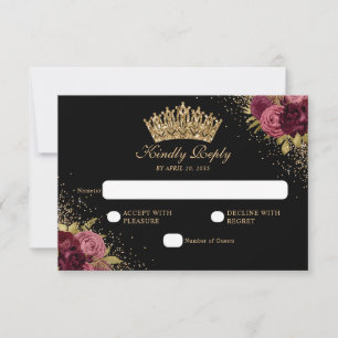Cartão RSVP Quinceanera Floral Dourada Vermelha Burgundia Negr