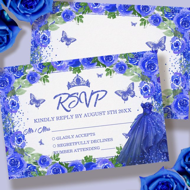 Cartão RSVP Quinceanera Floral Real Azul (Blue Glitter Floral Quinceanera RSVP Card)