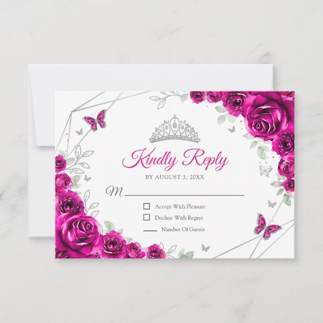 Cartão RSVP Quinceanera Fuchsia Pink Silver Floral Reply (Frente)